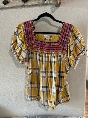 Sister Mary Yellow Plaid Embroidered Square-Neck Women's Top